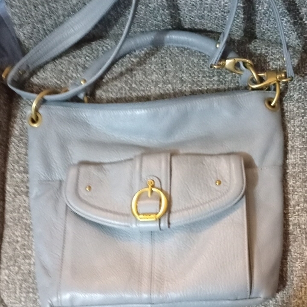 Stone Mountain Gold and Light blue Leather Shoulder Bag with Adjustable Strap
